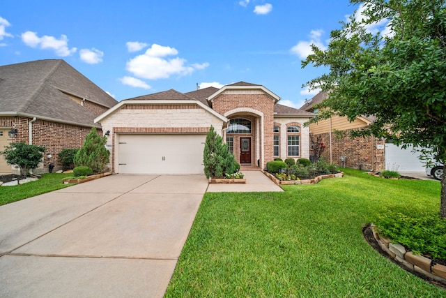 13526 Astley Acres Ln, Cypress, TX 77429 - view of front facade with brick siding, an attached garage, a front lawn, concrete driveway, and stone siding