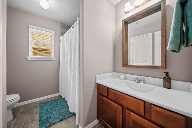13526 Astley Acres Ln, Cypress, TX 77429 - bathroom with vanity, toilet, baseboards, a shower with curtain, and tile patterned flooring