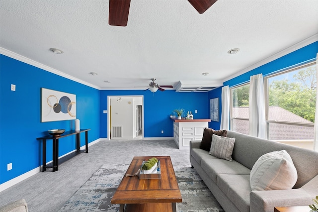 20234 Brondesbury Dr, Katy, TX 77450 - living room featuring ceiling fan, baseboards, carpet flooring, crown molding, and a textured ceiling