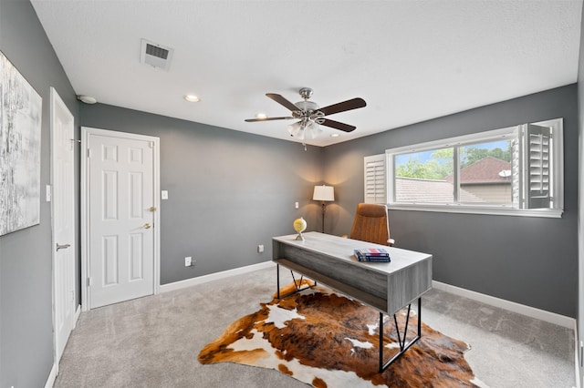 20234 Brondesbury Dr, Katy, TX 77450 - carpeted home office featuring baseboards, a ceiling fan, and recessed lighting
