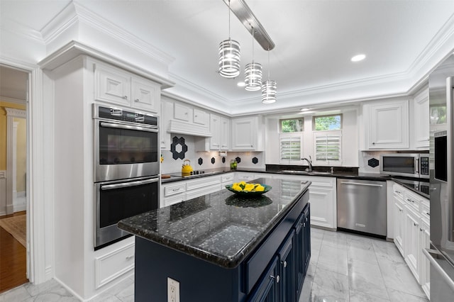 20234 Brondesbury Dr, Katy, TX 77450 - kitchen with appliances with stainless steel finishes, light marble finish floors, a sink, crown molding, and white cabinets