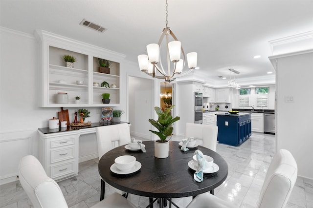 20234 Brondesbury Dr, Katy, TX 77450 - dining room with a chandelier, light marble finish flooring, crown molding, and recessed lighting