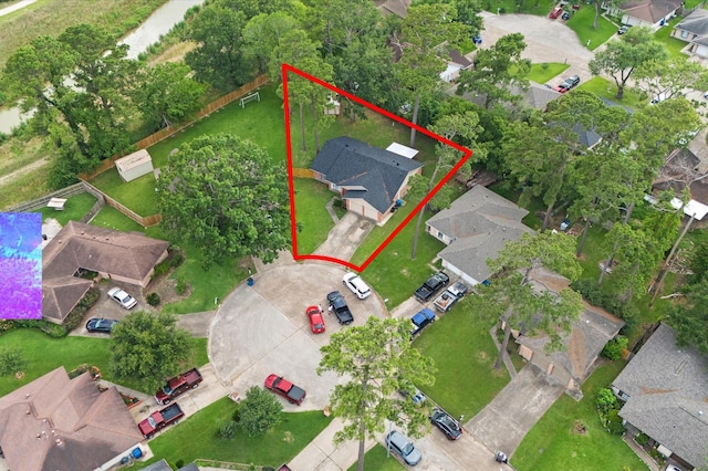 9207 Loren Ln, Houston, TX 77040 - aerial perspective of suburban area featuring property parcel outlined