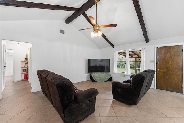 9207 Loren Ln, Houston, TX 77040 - living room featuring light tile patterned floors, beam ceiling, ceiling fan, and high vaulted ceiling