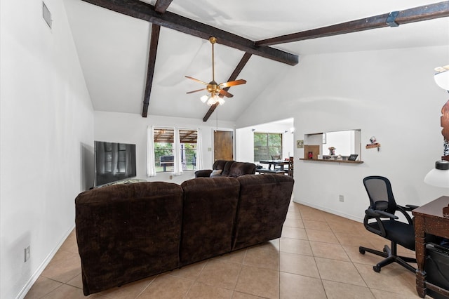 9207 Loren Ln, Houston, TX 77040 - living area featuring beamed ceiling, tile patterned flooring, a ceiling fan, baseboards, and high vaulted ceiling