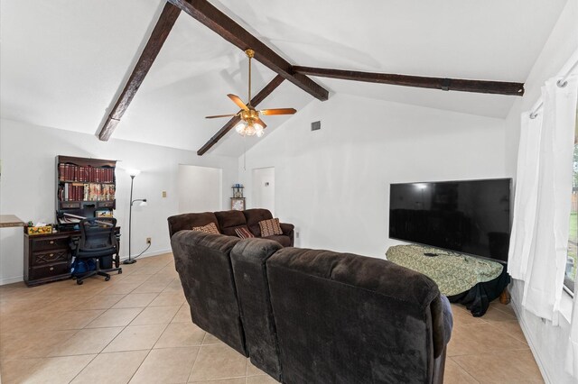 9207 Loren Ln, Houston, TX 77040 - living room with light tile patterned floors, beam ceiling, a ceiling fan, an office area, and baseboards