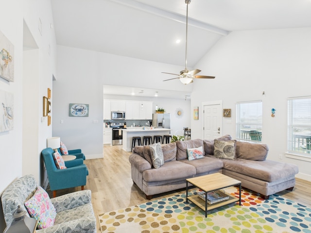 2403 S Bronte St, Rockport, TX 78382 - living area featuring light wood-style flooring, high vaulted ceiling, a ceiling fan, baseboards, and beam ceiling