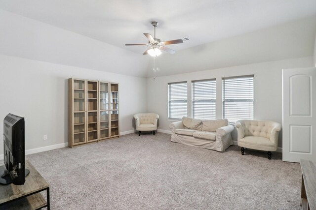 531 Campbell Dr, League City, TX 77573 - living room featuring ceiling fan, carpet floors, lofted ceiling, and baseboards