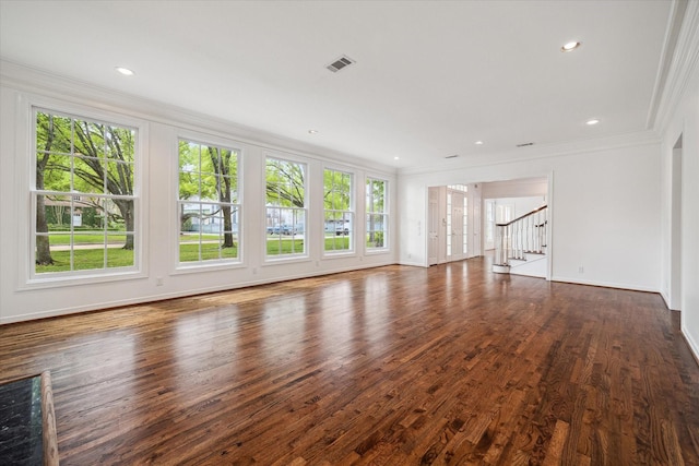 10918 Wickline Dr, Hunters Creek Village, TX 77024 - unfurnished living room with ornamental molding, stairway, dark wood-style flooring, baseboards, and recessed lighting