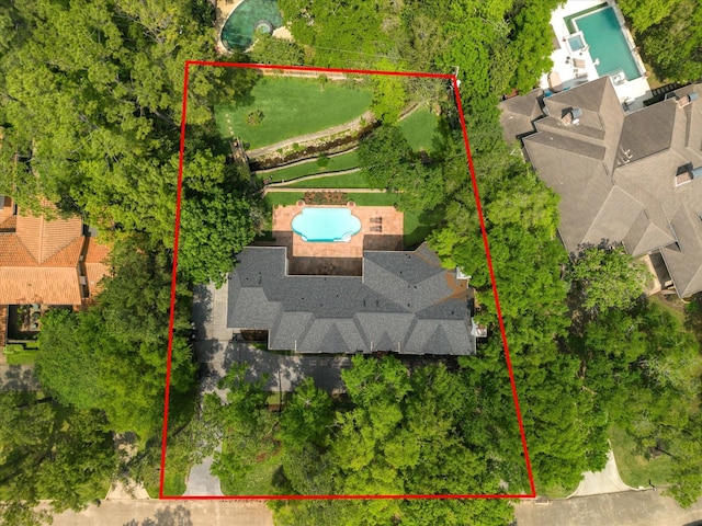 10918 Wickline Dr, Hunters Creek Village, TX 77024 - aerial overview of property's location featuring a pool and property parcel outlined