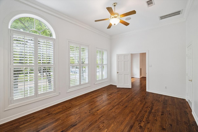 10918 Wickline Dr, Hunters Creek Village, TX 77024 - unfurnished room featuring ceiling fan, crown molding, dark wood-style floors, and baseboards