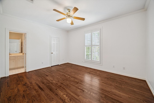 10918 Wickline Dr, Hunters Creek Village, TX 77024 - unfurnished bedroom featuring ornamental molding, wood finished floors, baseboards, connected bathroom, and a ceiling fan