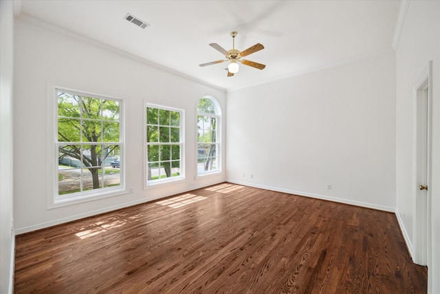 10918 Wickline Dr, Hunters Creek Village, TX 77024 - empty room with ornamental molding, dark wood finished floors, baseboards, and ceiling fan