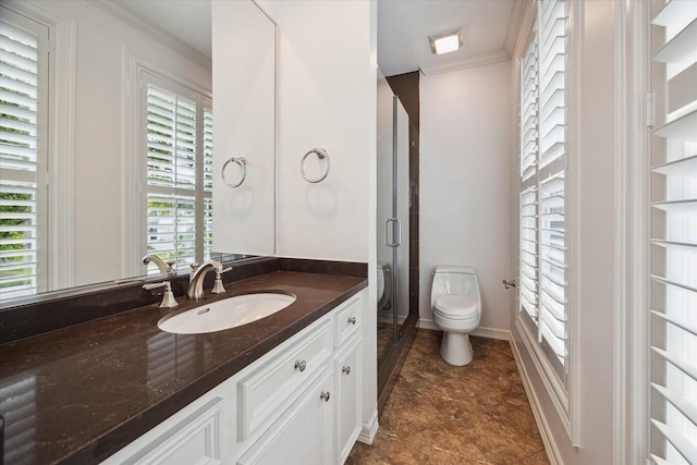 10918 Wickline Dr, Hunters Creek Village, TX 77024 - full bath with crown molding, vanity, an enclosed shower, toilet, and baseboards