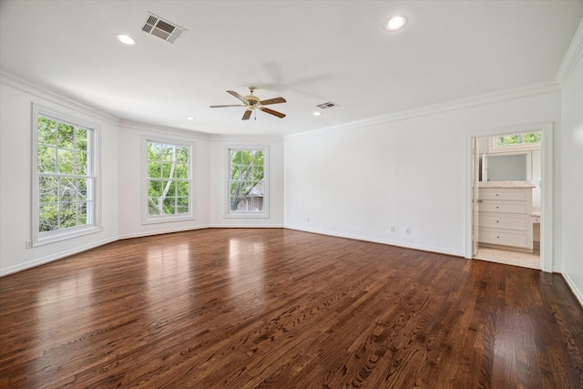 10918 Wickline Dr, Hunters Creek Village, TX 77024 - spare room with ornamental molding, ceiling fan, dark wood finished floors, baseboards, and recessed lighting