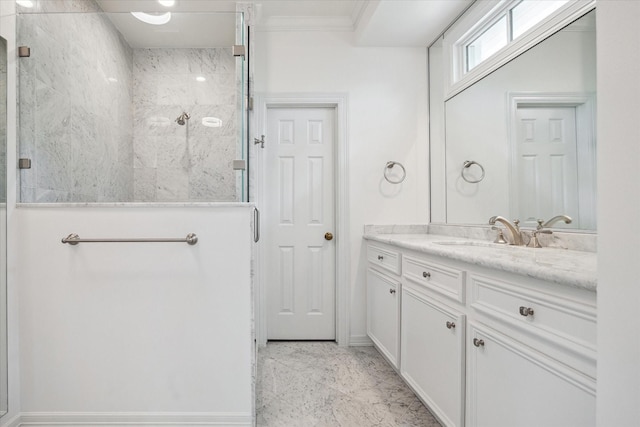 10918 Wickline Dr, Hunters Creek Village, TX 77024 - bathroom featuring tiled shower, vanity, and ornamental molding