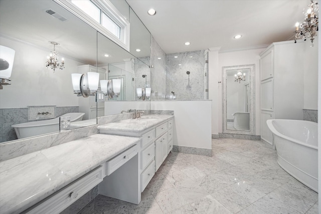 10918 Wickline Dr, Hunters Creek Village, TX 77024 - full bath featuring a chandelier, a stall shower, vanity, a freestanding tub, and recessed lighting