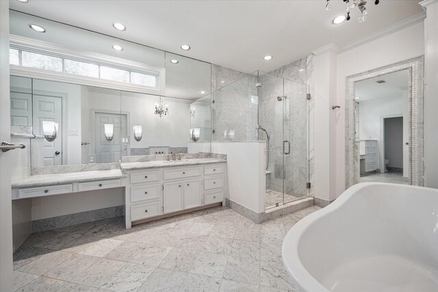 10918 Wickline Dr, Hunters Creek Village, TX 77024 - bathroom featuring a soaking tub, vanity, ornamental molding, a shower stall, and recessed lighting