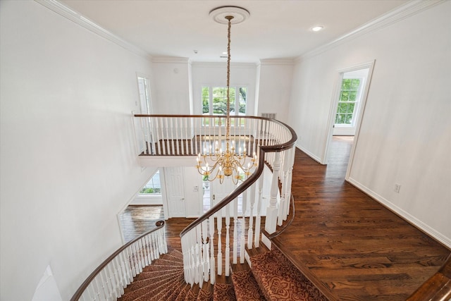 10918 Wickline Dr, Hunters Creek Village, TX 77024 - stairs featuring a chandelier, wood finished floors, baseboards, and crown molding