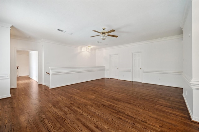 10918 Wickline Dr, Hunters Creek Village, TX 77024 - spare room featuring ceiling fan, dark wood-type flooring, crown molding, and baseboards