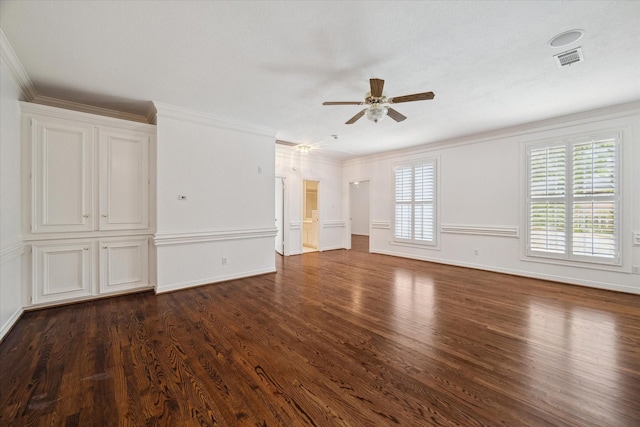 10918 Wickline Dr, Hunters Creek Village, TX 77024 - unfurnished living room featuring a ceiling fan, dark wood-style flooring, crown molding, and baseboards