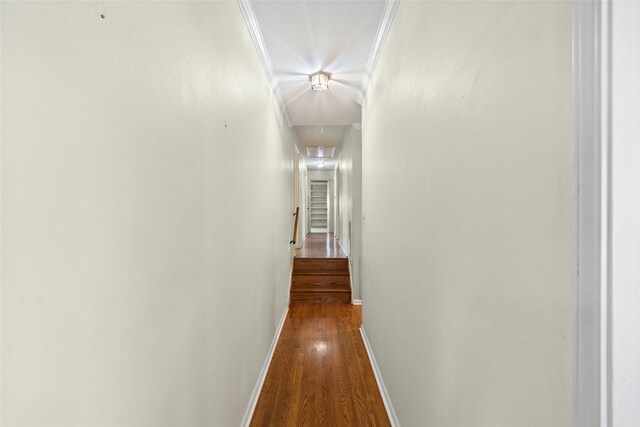 1925 E Lake Dr, Huntsville, TX 77340 - hallway featuring attic access, baseboards, dark wood-style flooring, and crown molding