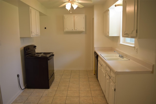 611 Glenvale Dr, Houston, TX 77060 - kitchen with black electric range oven, white cabinets, ceiling fan, a sink, and dishwasher