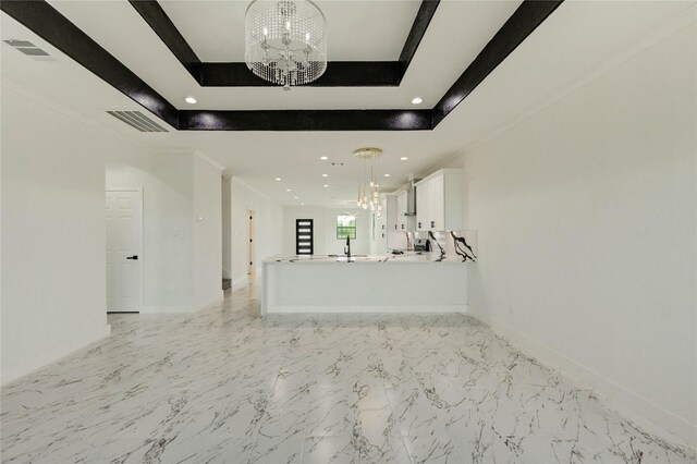 6193 Rd 5503, Cleveland, TX 77327 - unfurnished living room with a chandelier, baseboards, recessed lighting, ornamental molding, and light marble finish floors