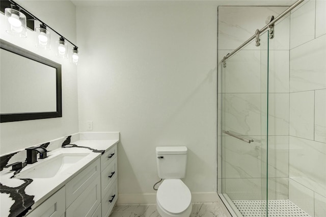 6193 Rd 5503, Cleveland, TX 77327 - bathroom featuring marble look tile flooring, vanity, a marble finish shower, baseboards, and toilet
