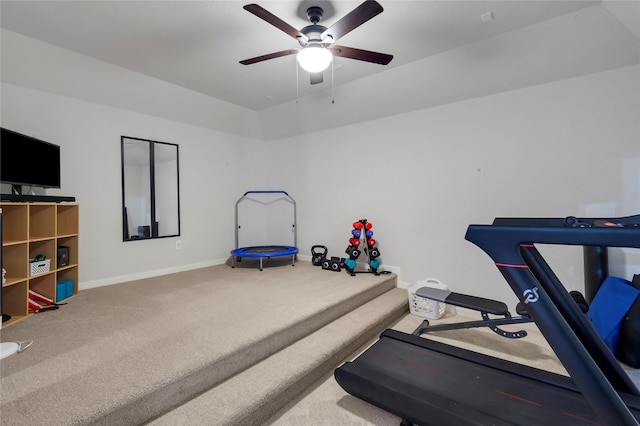 6003 Tarra Firma Dr, Spring, TX 77379 - exercise area featuring carpet floors, ceiling fan, and vaulted ceiling