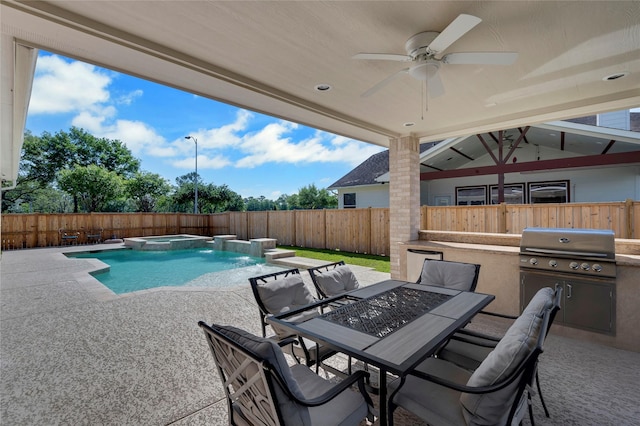 6003 Tarra Firma Dr, Spring, TX 77379 - view of pool with outdoor dining area, ceiling fan, a fenced backyard, and a patio