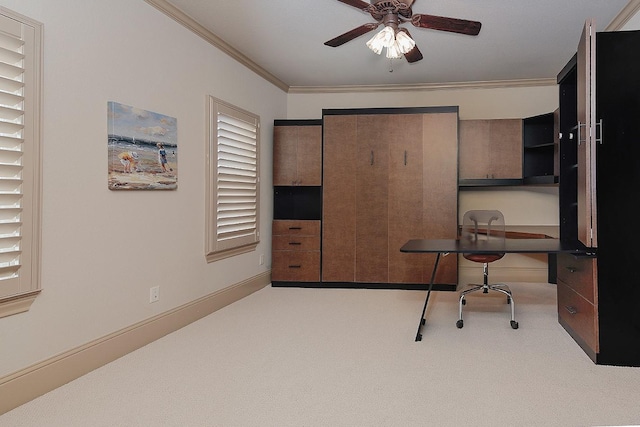 2 Black Cormorant Pl, The Woodlands, TX 77380 - carpeted home office with ceiling fan, crown molding, and baseboards