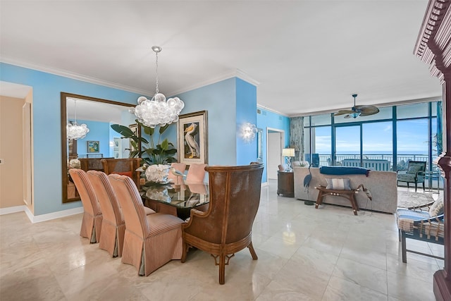 801 E Beach Dr Unit Bc2305, Galveston, TX 77550 - dining room featuring a chandelier, crown molding, a ceiling fan, floor to ceiling windows, and baseboards