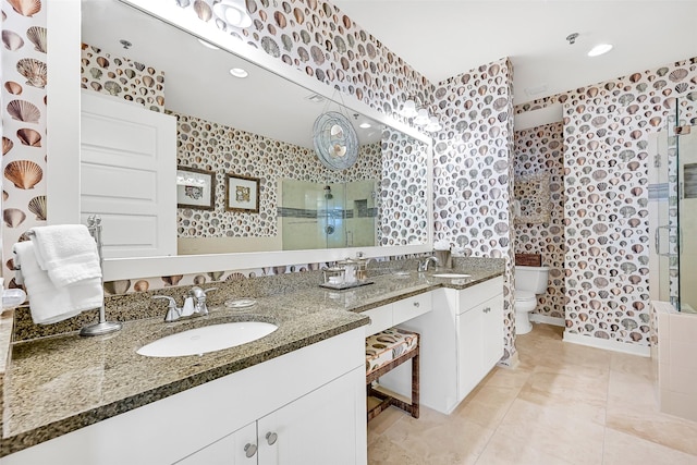 801 E Beach Dr Unit Bc2305, Galveston, TX 77550 - bathroom with vanity, toilet, a tile shower, recessed lighting, and tile patterned floors