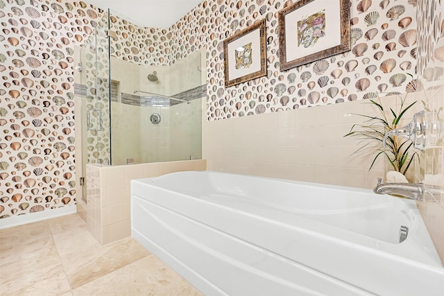 801 E Beach Dr Unit Bc2305, Galveston, TX 77550 - full bathroom with wallpapered walls, a bath, a walk in shower, and baseboards