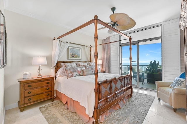 801 E Beach Dr Unit Bc2305, Galveston, TX 77550 - bedroom with access to exterior, light tile patterned flooring, and ceiling fan