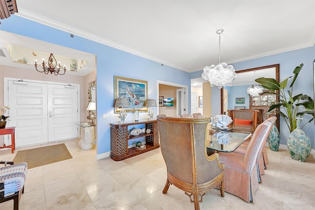 801 E Beach Dr Unit Bc2305, Galveston, TX 77550 - dining area featuring a chandelier, crown molding, light tile patterned floors, and baseboards