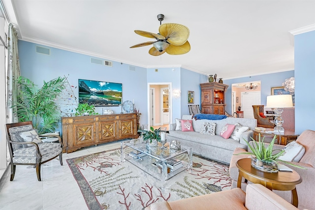 801 E Beach Dr Unit Bc2305, Galveston, TX 77550 - living area featuring ornamental molding, ceiling fan, and a chandelier