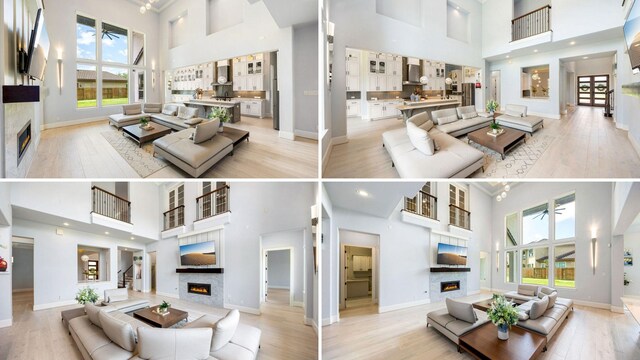 19111 N Frio River Cir, Cypress, TX 77433 - living room with a lit fireplace, a high ceiling, wood finished floors, and baseboards
