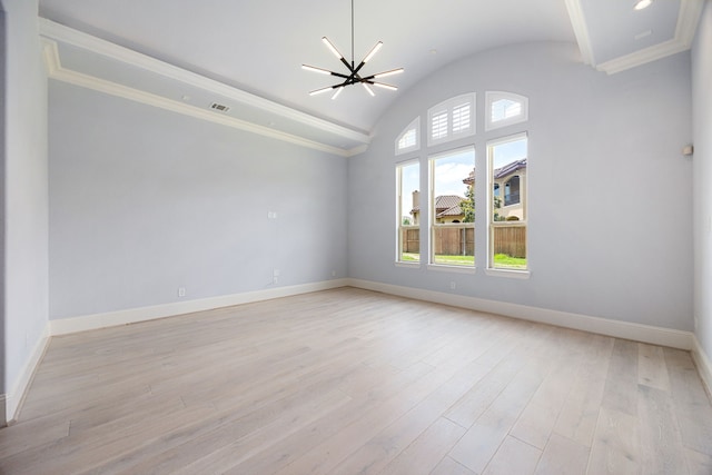 19111 N Frio River Cir, Cypress, TX 77433 - empty room with vaulted ceiling, baseboards, light wood-style floors, ceiling fan, and ornamental molding