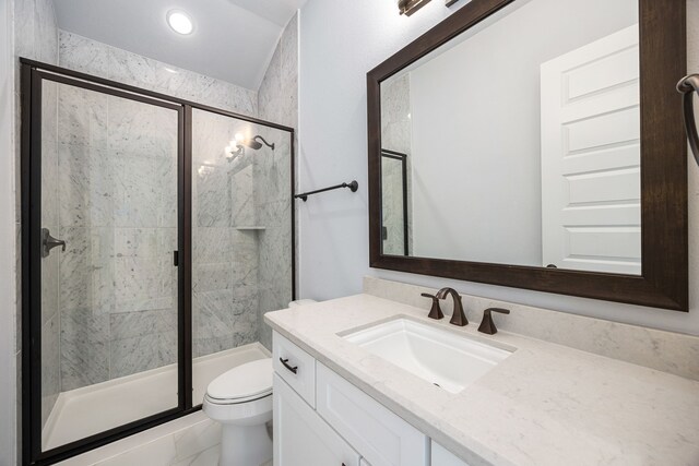 19111 N Frio River Cir, Cypress, TX 77433 - bathroom with vanity, a shower stall, toilet, marble look tile flooring, and recessed lighting