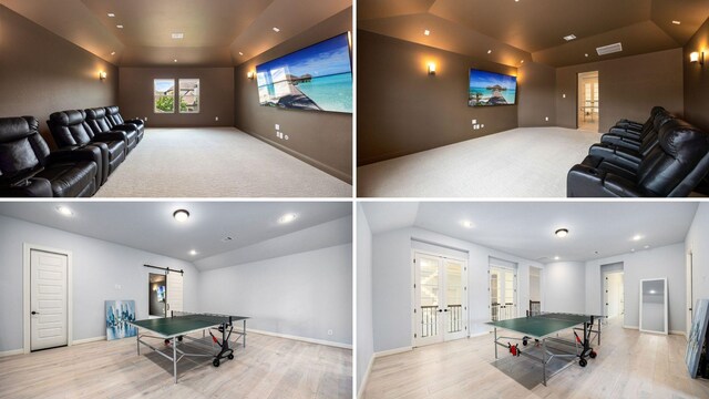 19111 N Frio River Cir, Cypress, TX 77433 - rec room with wood finished floors, a tray ceiling, french doors, vaulted ceiling, and baseboards