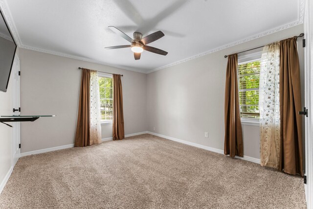 31614 Debbi Ln, Magnolia, TX 77355 - unfurnished room with a ceiling fan, light colored carpet, crown molding, and baseboards