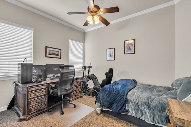 27919 Hansons Ct, Spring, TX 77386 - carpeted bedroom featuring crown molding, a desk, multiple windows, baseboards, and a ceiling fan