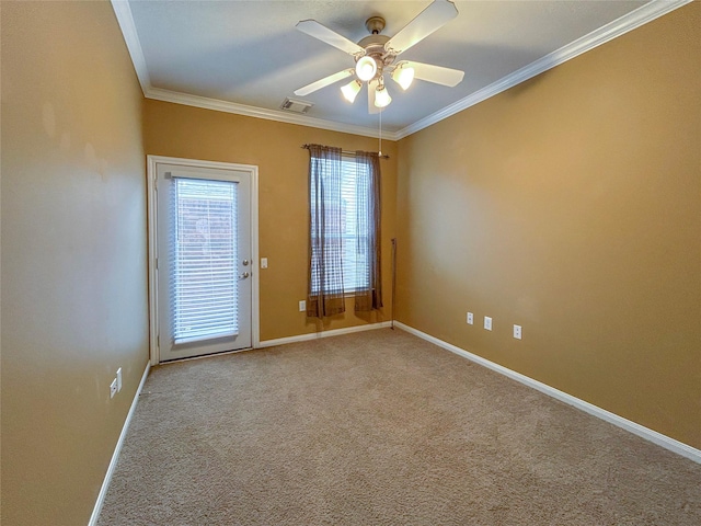 1314 Varese Dr, Pearland, TX 77581 - spare room with ornamental molding, ceiling fan, baseboards, and carpet floors