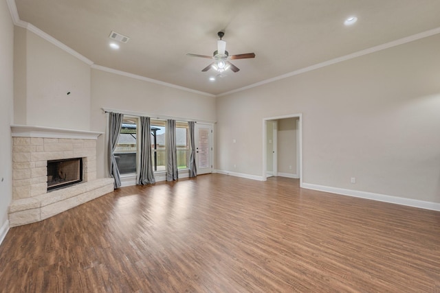 1208 Robinsville Ct, College Station, TX 77845 - unfurnished living room featuring ceiling fan, wood finished floors, baseboards, a fireplace, and ornamental molding