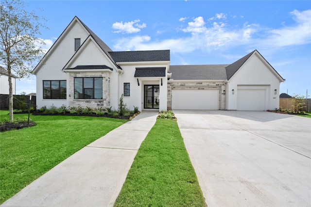 6727 Pine Haven Ct, Katy, TX 77493 - modern farmhouse style home featuring a garage, concrete driveway, stucco siding, and roof with shingles
