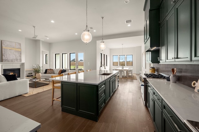6727 Pine Haven Ct, Katy, TX 77493 - kitchen with stainless steel appliances, recessed lighting, open floor plan, dark wood finished floors, and decorative backsplash
