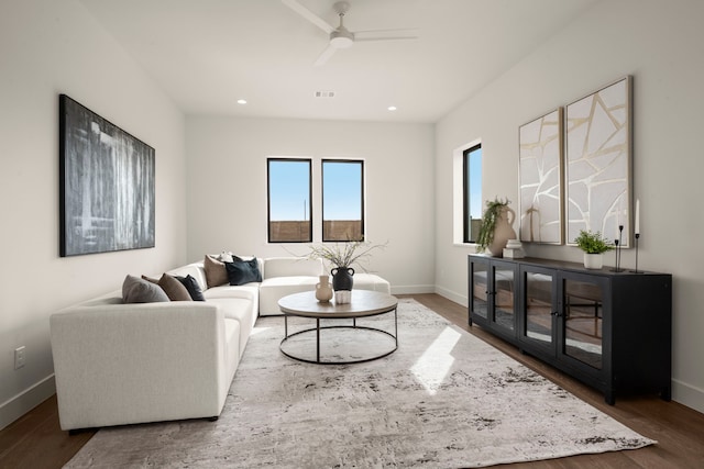 6727 Pine Haven Ct, Katy, TX 77493 - living room with wood finished floors, baseboards, ceiling fan, and recessed lighting