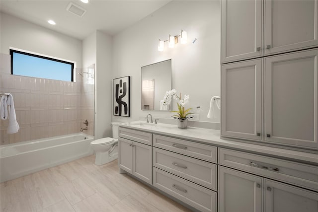 6727 Pine Haven Ct, Katy, TX 77493 - bathroom with double vanity, toilet, shower / tub combination, and recessed lighting